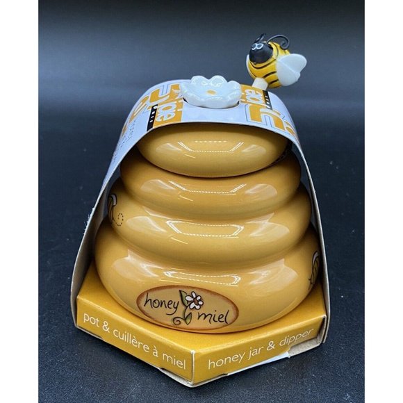 Mini Honey Pot Ceramic Jar & Wood Dipper Joie MSC Beehive with Bee 2002 BPA free - Picture 3 of 11